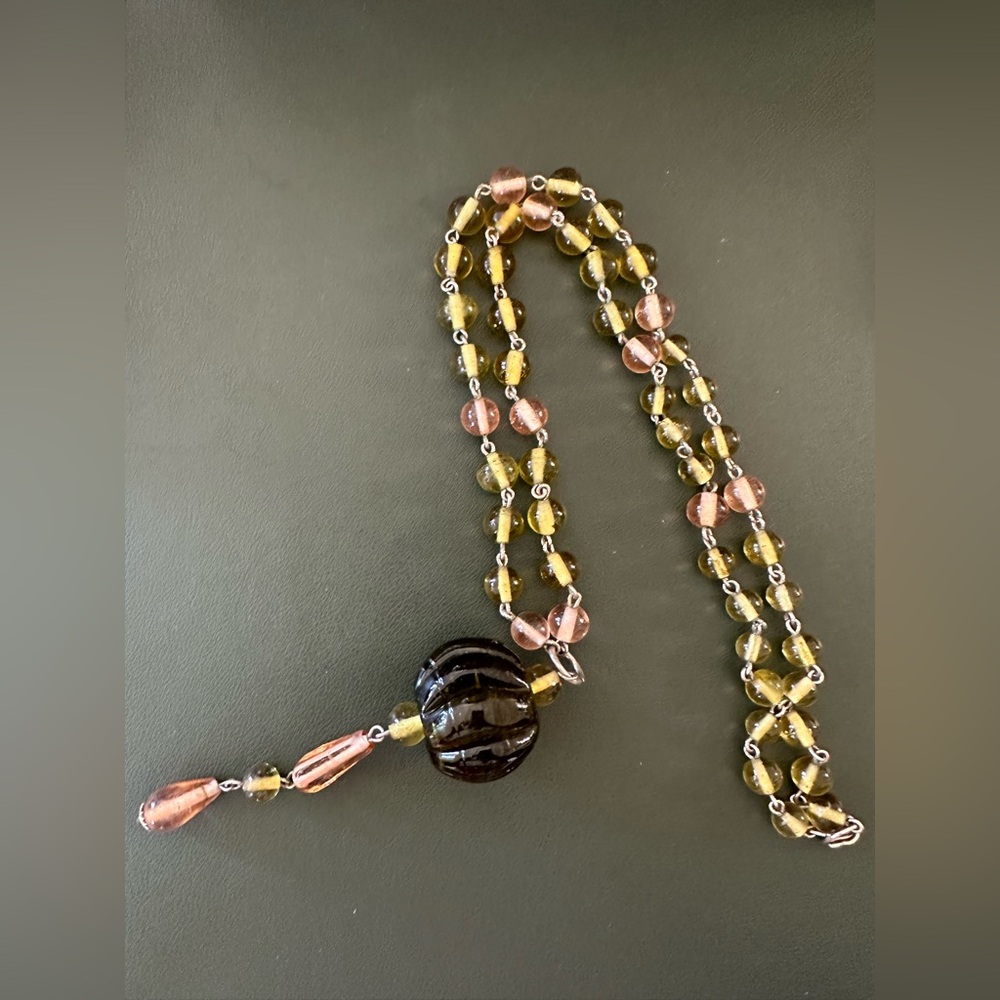Vintage Murano Glass Necklace – Amber & Pink Hand-Blown Beads with Focal Pendant